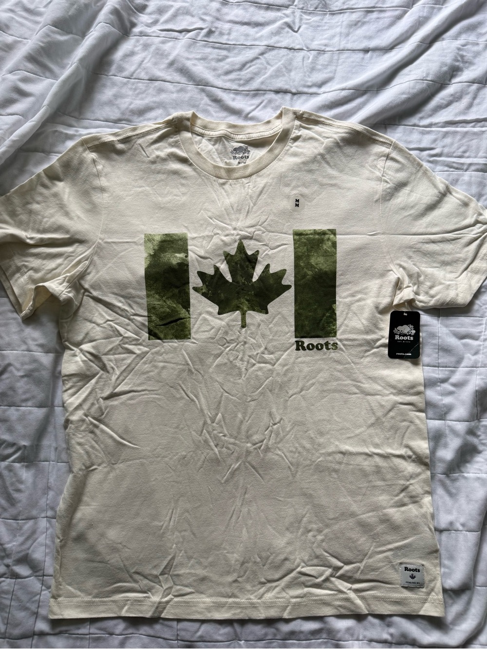 Roots Cream Tee with Olive Green Maple Flag Graphic